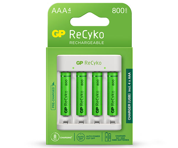 GP ReCyko 4-espaços E411 Carregador USB (w/ 4's 800mAh AAA Pilhas)